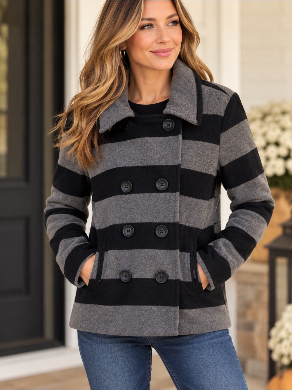 Jack by BB Dakota Black & Gray Striped Double-Breasted Peacoat